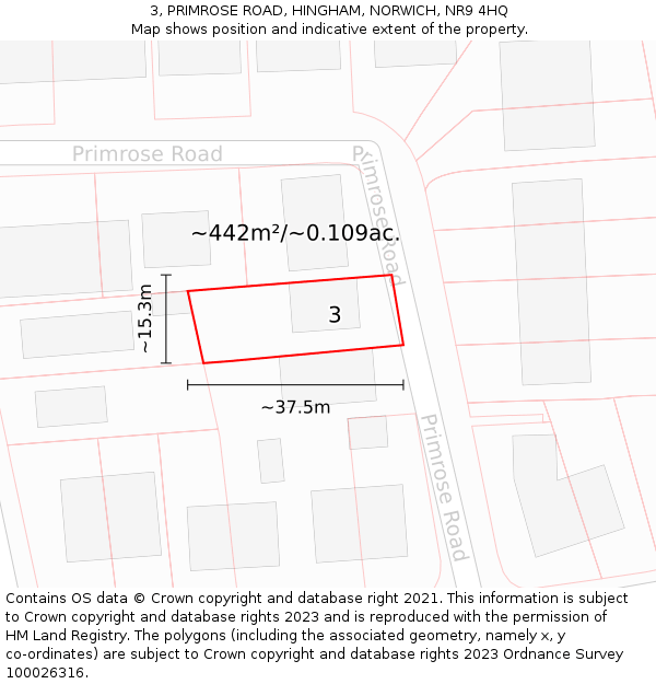 3, PRIMROSE ROAD, HINGHAM, NORWICH, NR9 4HQ: Plot and title map