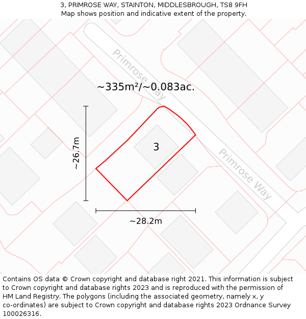 3, PRIMROSE WAY, STAINTON, MIDDLESBROUGH, TS8 9FH: Plot and title map