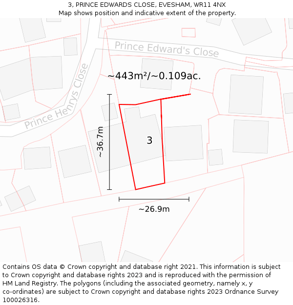 3, PRINCE EDWARDS CLOSE, EVESHAM, WR11 4NX: Plot and title map