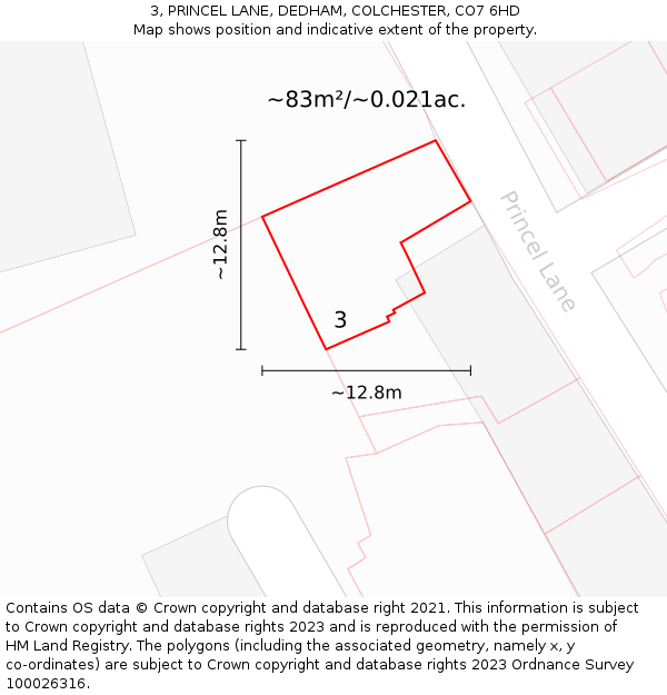 3, PRINCEL LANE, DEDHAM, COLCHESTER, CO7 6HD: Plot and title map
