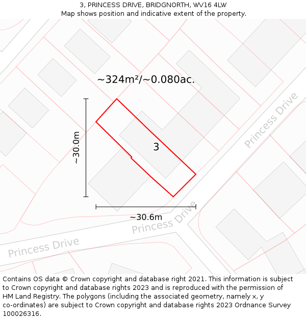 3, PRINCESS DRIVE, BRIDGNORTH, WV16 4LW: Plot and title map