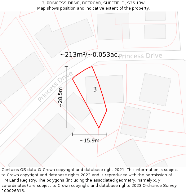 3, PRINCESS DRIVE, DEEPCAR, SHEFFIELD, S36 1RW: Plot and title map