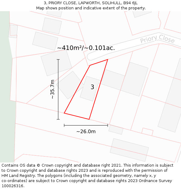 3, PRIORY CLOSE, LAPWORTH, SOLIHULL, B94 6JL: Plot and title map