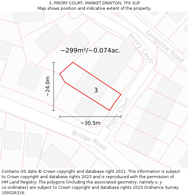 3, PRIORY COURT, MARKET DRAYTON, TF9 3UP: Plot and title map
