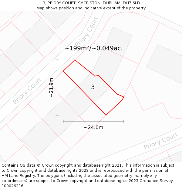 3, PRIORY COURT, SACRISTON, DURHAM, DH7 6LB: Plot and title map