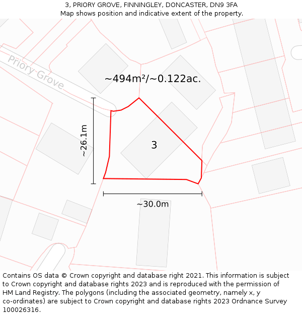 3, PRIORY GROVE, FINNINGLEY, DONCASTER, DN9 3FA: Plot and title map