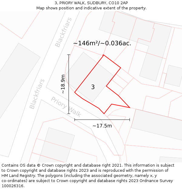 3, PRIORY WALK, SUDBURY, CO10 2AP: Plot and title map