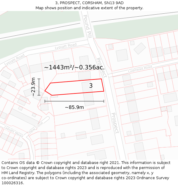 3, PROSPECT, CORSHAM, SN13 9AD: Plot and title map