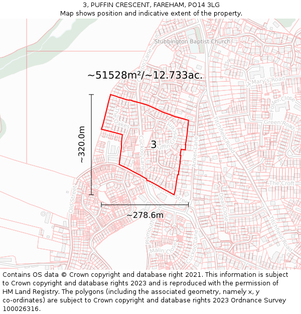 3, PUFFIN CRESCENT, FAREHAM, PO14 3LG: Plot and title map
