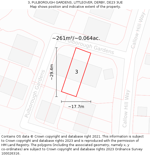 3, PULBOROUGH GARDENS, LITTLEOVER, DERBY, DE23 3UE: Plot and title map