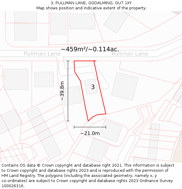 3, PULLMAN LANE, GODALMING, GU7 1XY: Plot and title map
