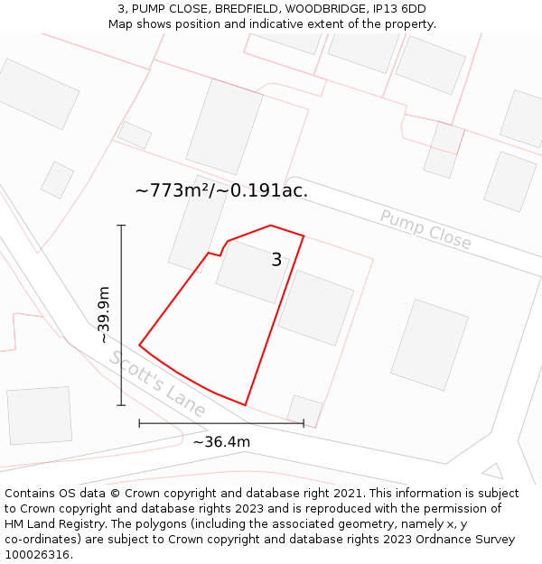 3, PUMP CLOSE, BREDFIELD, WOODBRIDGE, IP13 6DD: Plot and title map
