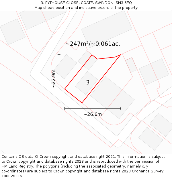 3, PYTHOUSE CLOSE, COATE, SWINDON, SN3 6EQ: Plot and title map