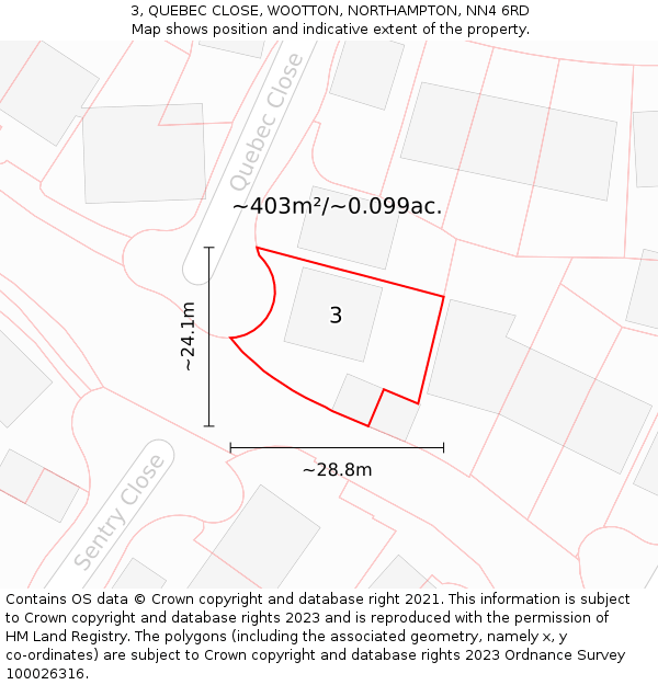 3, QUEBEC CLOSE, WOOTTON, NORTHAMPTON, NN4 6RD: Plot and title map