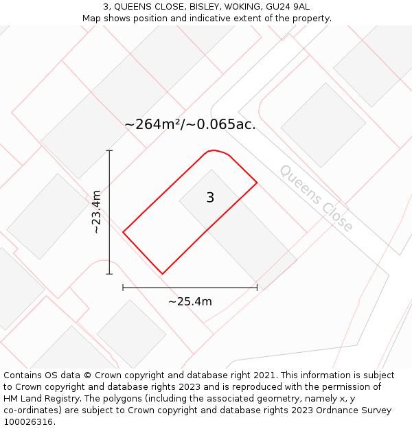 3, QUEENS CLOSE, BISLEY, WOKING, GU24 9AL: Plot and title map