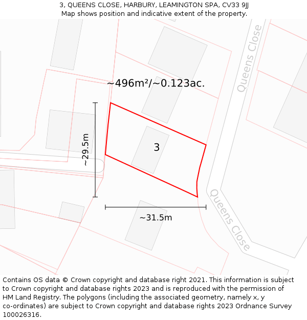 3, QUEENS CLOSE, HARBURY, LEAMINGTON SPA, CV33 9JJ: Plot and title map