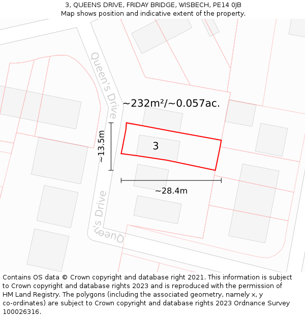 3, QUEENS DRIVE, FRIDAY BRIDGE, WISBECH, PE14 0JB: Plot and title map