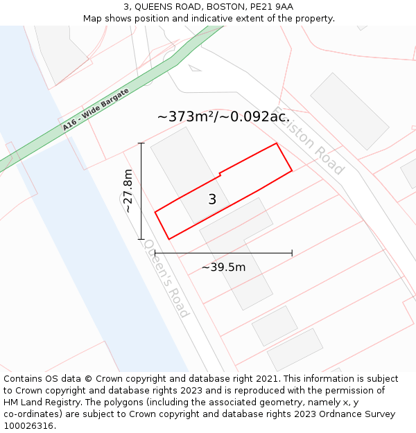 3, QUEENS ROAD, BOSTON, PE21 9AA: Plot and title map
