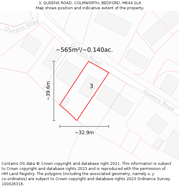 3, QUEENS ROAD, COLMWORTH, BEDFORD, MK44 2LA: Plot and title map