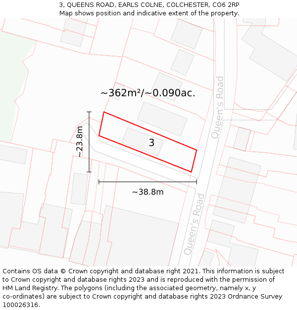 3, QUEENS ROAD, EARLS COLNE, COLCHESTER, CO6 2RP: Plot and title map