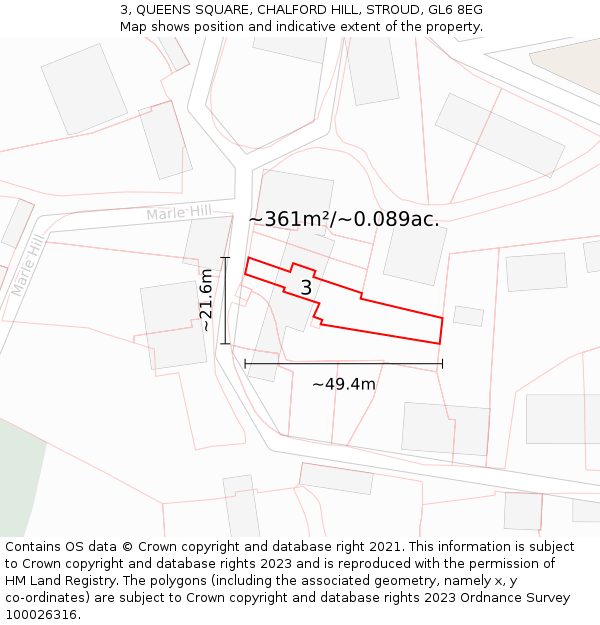 3, QUEENS SQUARE, CHALFORD HILL, STROUD, GL6 8EG: Plot and title map