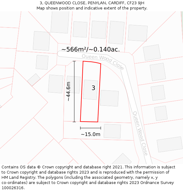 3, QUEENWOOD CLOSE, PENYLAN, CARDIFF, CF23 9JH: Plot and title map