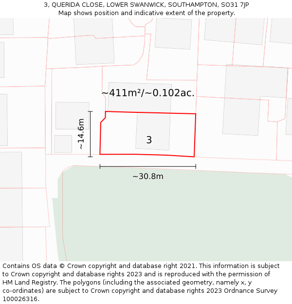 3, QUERIDA CLOSE, LOWER SWANWICK, SOUTHAMPTON, SO31 7JP: Plot and title map