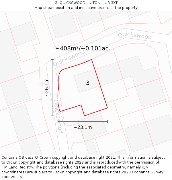 3, QUICKSWOOD, LUTON, LU3 3XT: Plot and title map