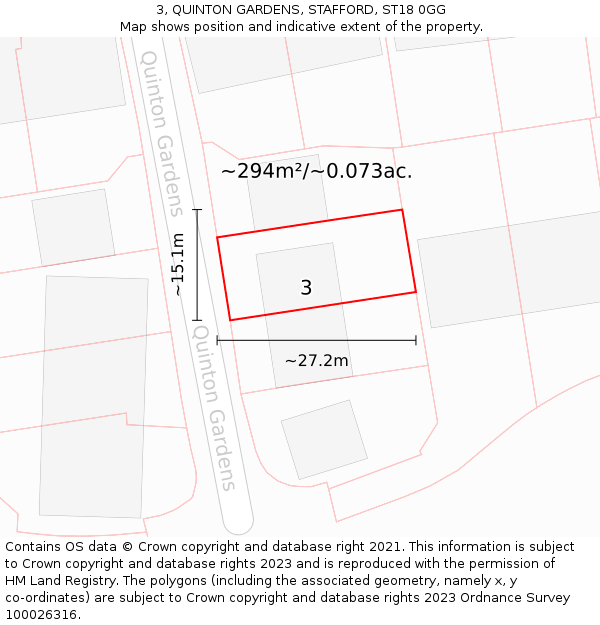 3, QUINTON GARDENS, STAFFORD, ST18 0GG: Plot and title map