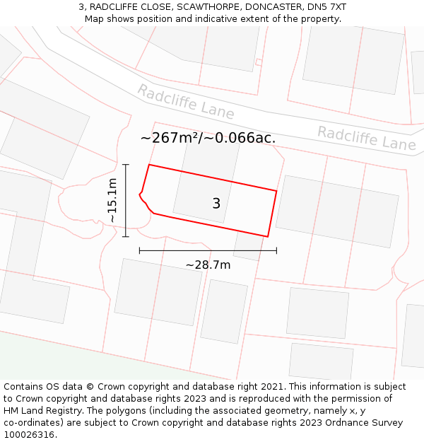 3, RADCLIFFE CLOSE, SCAWTHORPE, DONCASTER, DN5 7XT: Plot and title map