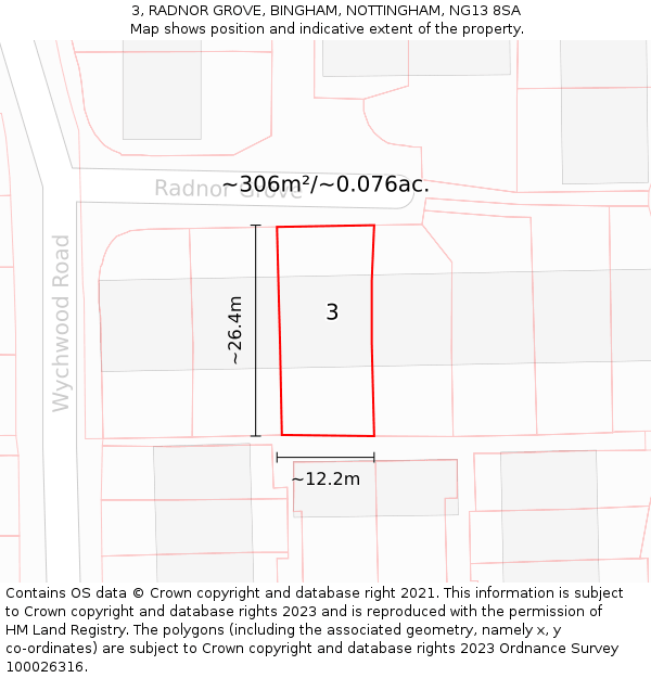 3, RADNOR GROVE, BINGHAM, NOTTINGHAM, NG13 8SA: Plot and title map