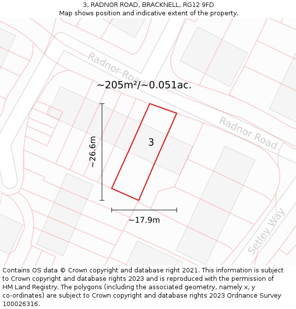 3, RADNOR ROAD, BRACKNELL, RG12 9FD: Plot and title map