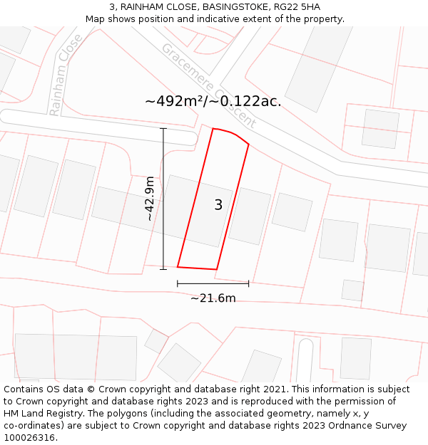 3, RAINHAM CLOSE, BASINGSTOKE, RG22 5HA: Plot and title map