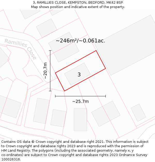3, RAMILLIES CLOSE, KEMPSTON, BEDFORD, MK42 8SP: Plot and title map