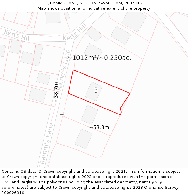 3, RAMMS LANE, NECTON, SWAFFHAM, PE37 8EZ: Plot and title map