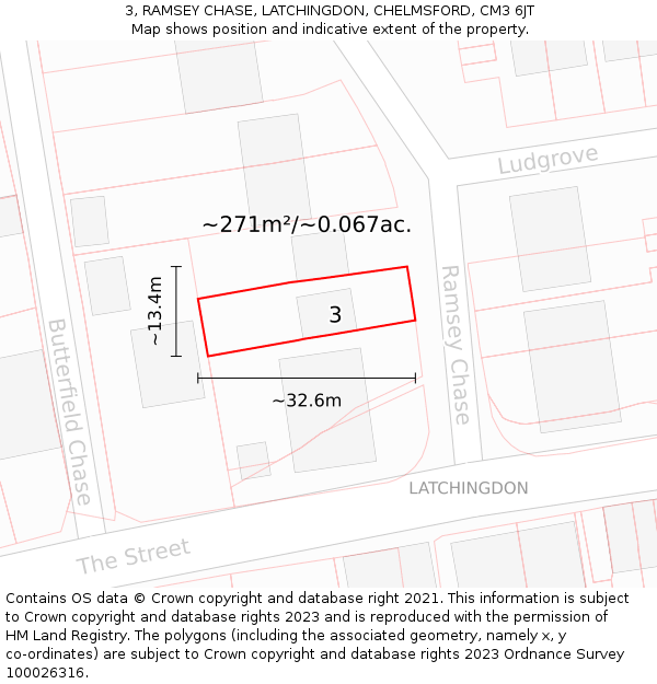 3, RAMSEY CHASE, LATCHINGDON, CHELMSFORD, CM3 6JT: Plot and title map