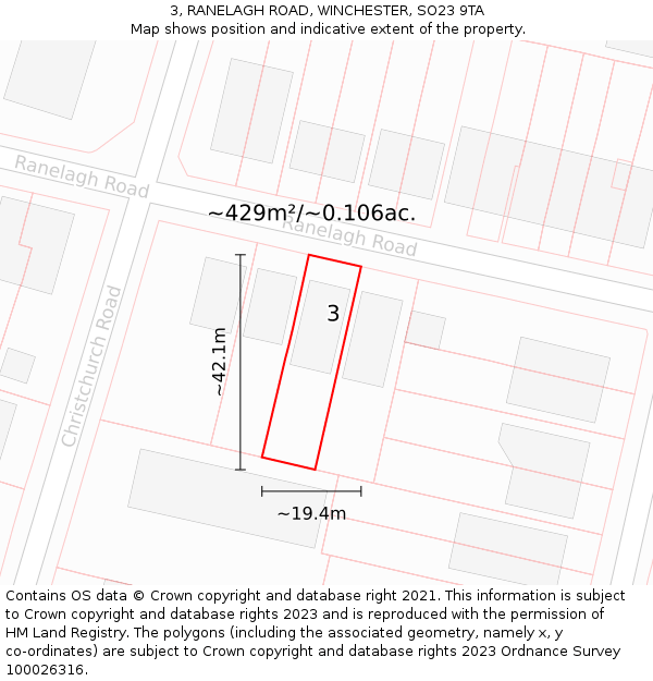 3, RANELAGH ROAD, WINCHESTER, SO23 9TA: Plot and title map
