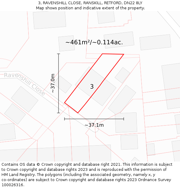 3, RAVENSHILL CLOSE, RANSKILL, RETFORD, DN22 8LY: Plot and title map