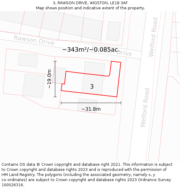 3, RAWSON DRIVE, WIGSTON, LE18 3AF: Plot and title map