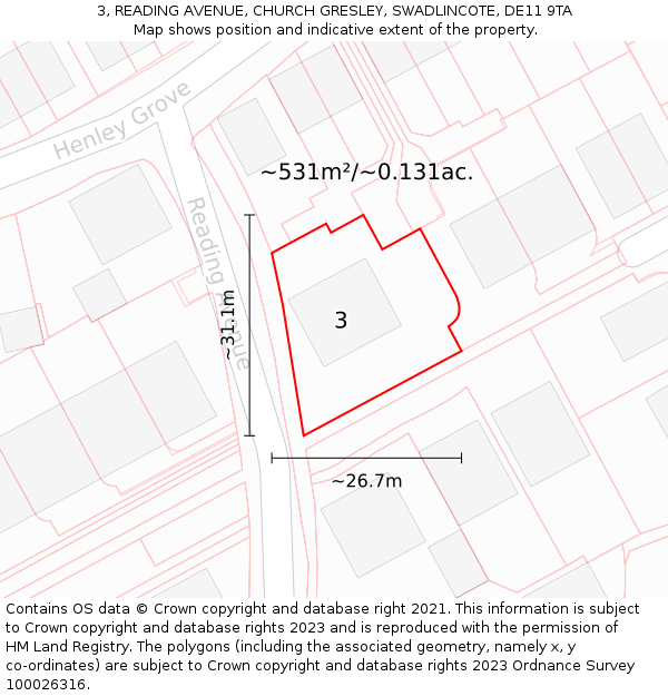 3, READING AVENUE, CHURCH GRESLEY, SWADLINCOTE, DE11 9TA: Plot and title map
