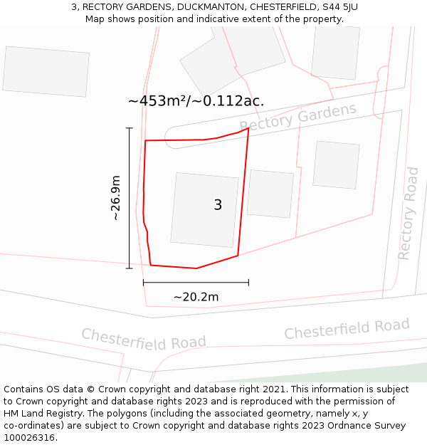 3, RECTORY GARDENS, DUCKMANTON, CHESTERFIELD, S44 5JU: Plot and title map
