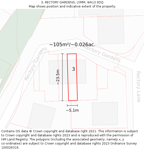 3, RECTORY GARDENS, LYMM, WA13 0DQ: Plot and title map
