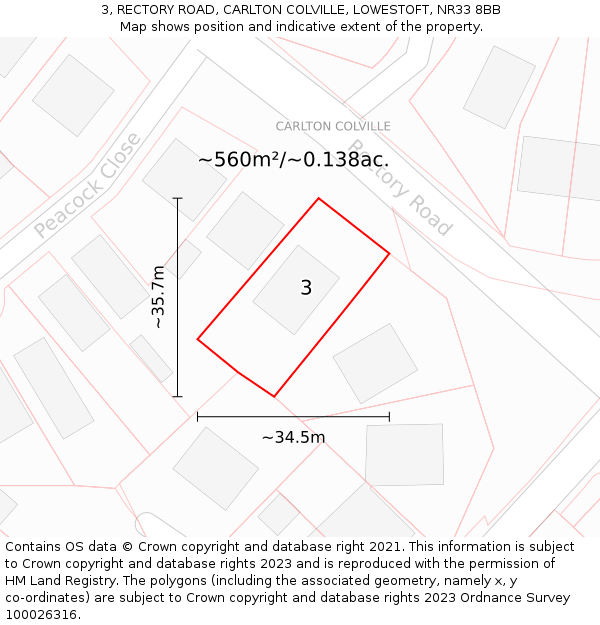 3, RECTORY ROAD, CARLTON COLVILLE, LOWESTOFT, NR33 8BB: Plot and title map