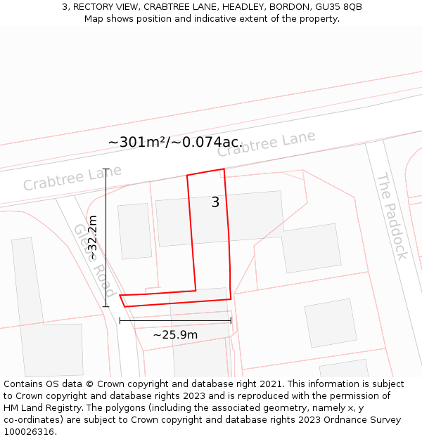 3, RECTORY VIEW, CRABTREE LANE, HEADLEY, BORDON, GU35 8QB: Plot and title map