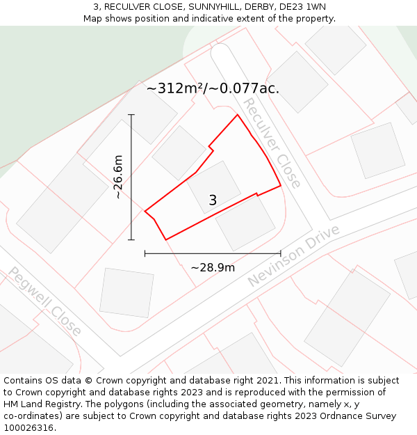 3, RECULVER CLOSE, SUNNYHILL, DERBY, DE23 1WN: Plot and title map