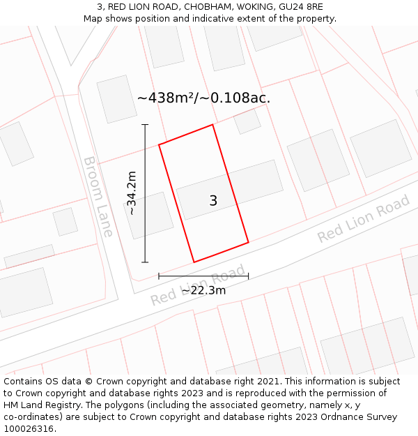 3, RED LION ROAD, CHOBHAM, WOKING, GU24 8RE: Plot and title map