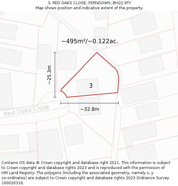 3, RED OAKS CLOSE, FERNDOWN, BH22 9TY: Plot and title map