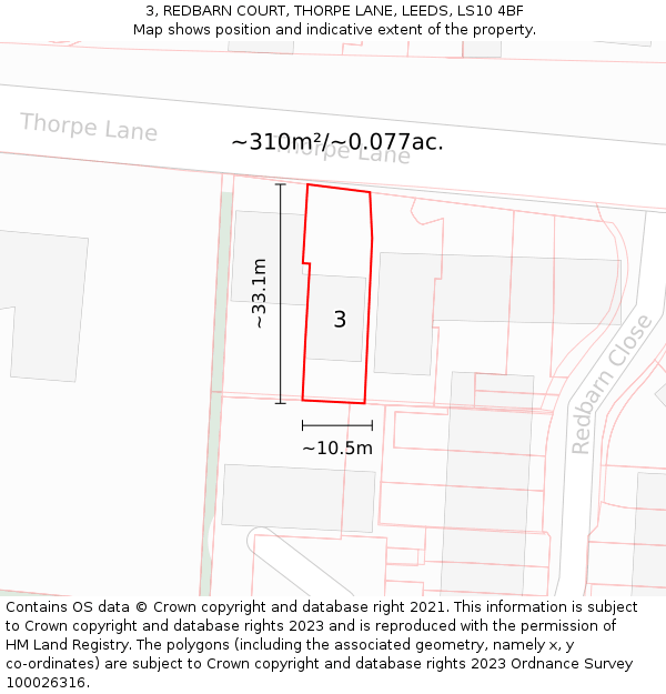 3, REDBARN COURT, THORPE LANE, LEEDS, LS10 4BF: Plot and title map