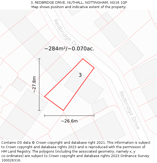 3, REDBRIDGE DRIVE, NUTHALL, NOTTINGHAM, NG16 1QP: Plot and title map