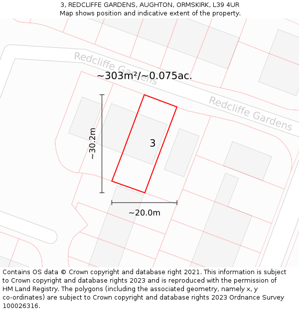 3, REDCLIFFE GARDENS, AUGHTON, ORMSKIRK, L39 4UR: Plot and title map